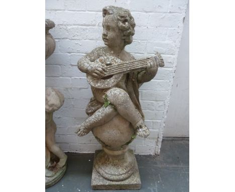 A composite stone figure seated on an orb playing a lute, 100cmH