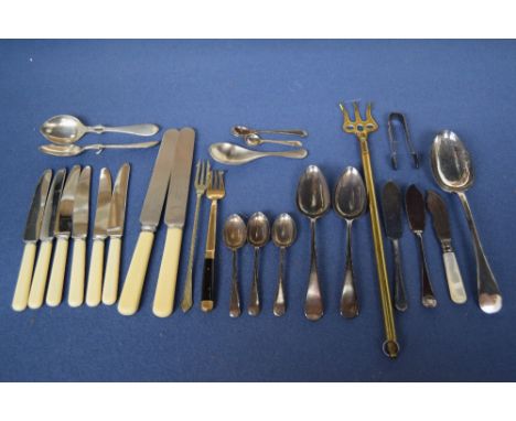 A mixed lot of silver and silver plated flatware, including a pair of George III Old English pattern spoons, by PBWB, London 