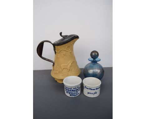 Two Bridport `Beach and Barnicott, Dr Roberts Poor Mans Friend` pots, a Walley Cobridge jug decorated with hunting scenes wit