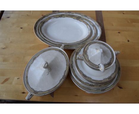 A WM Grindley and Co. part dinner service including three meat platters, tureens and plates etc.