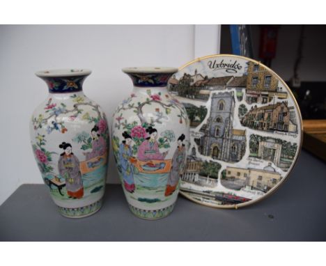 A pair of Chinese style ceramic urns with typical hand painted floral design together with an Edwardian China plate of Uxbrid