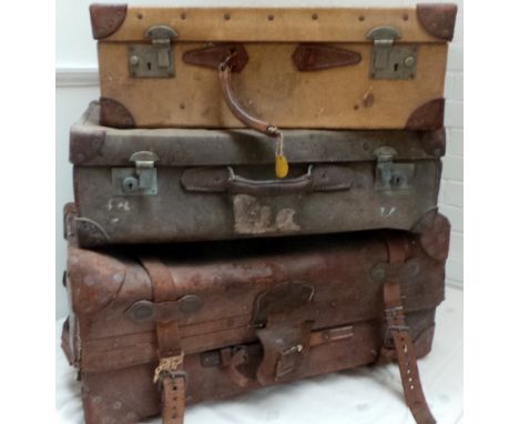 Three vintage suitcases. A large leather and leather strapped suitcase/trunk straps and handles intact - worn but strong 
76 