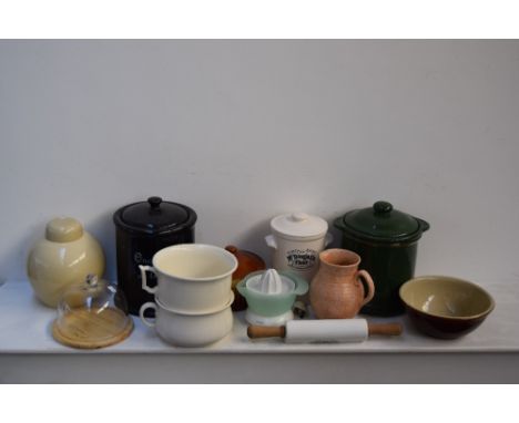 A quantity of kitchen and stoneware including McDougalls Flour, Denby, Newhall and a large cream ceramic ginger jar