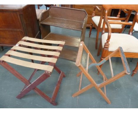 Two luggage racks and an oak effect book shelf with two shelves