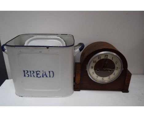 An Edwardian mantel clock together with a vintage enamel bread bin