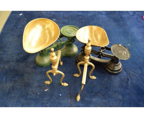 A mixed lot including a pair of fire dogs, a set of Boots Nottingham scales and another set of scales