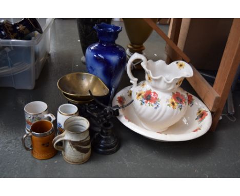 An Ironstone washbowl and jug of floral design with poppies, a large Staffordshire blue glaze vase, a Prince William 'The Mot