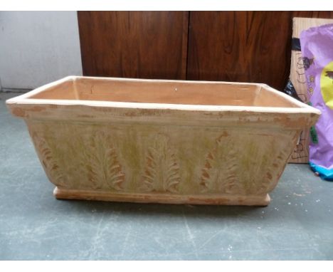 A rectangular terracotta planter decorated with ferns, marked "Clarous Poterie Mane France 1867"  80cm x 43cm x 34cmH