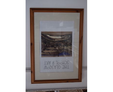 A quantity of pictures and frames including a Glasgow School of Art poster, a triptych mirror, a floral embridery sampler and