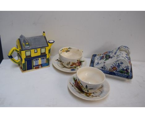 Two Mason's Ironstone 'South Seas' cups and saucers decorated with shells and seaweed together with an Avoca 'Fitzgeralds' or