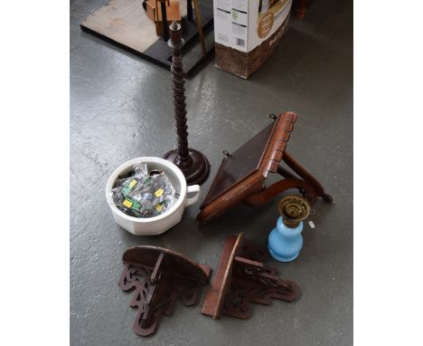 A mixed box of wooden hanging shelves/brackets with a turned lamp base together with a selection of Eye Level childrens' sung