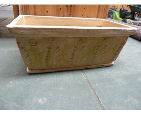 A rectangular terracotta planter decorated with ferns marked "Clarous Poterie Mane France 1867" , 80cm x 43cm x 34cmH