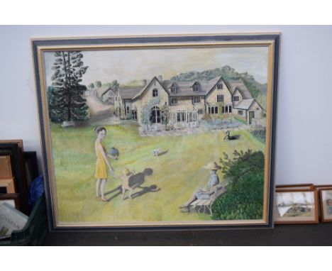 A original framed oil painting on canvas of an English country garden scene with a mother and child playing and a woman readi