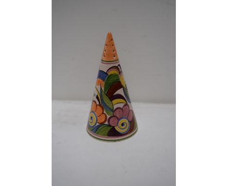A Poole Zone pottery sugar shaker by Karen Brown in the style of Clarice Cliff hand painted with stylized floral sprays