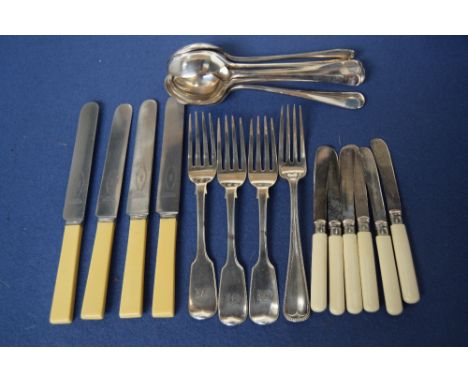 Three William IV silver fiddle pattern dinner forks, by HW, London 1836, and a Victorian bead and dog nose pattern silver din