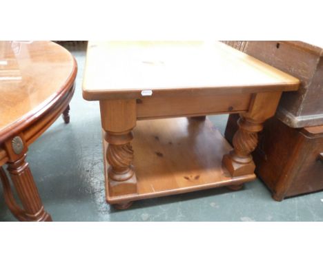 A pine square side table with four twist supports and under shelf on bun feet together with another side table (2)