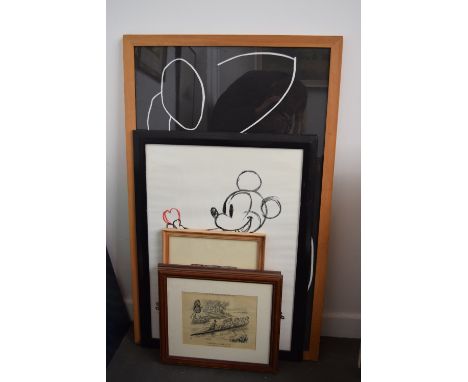 A qauntity of pictures including a large linear nude, 'Sunset' by Anne Jackson Shelds numbered 10/2000, a Mickey Mouse Steam 