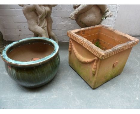A square terracotta planter 37cm square x 33cm H together with a glazed ceramic planter, 37cm D