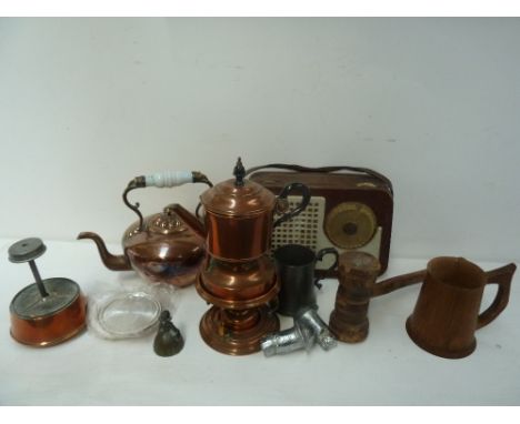 A box of mixed metal items, including a copper kettle with ceramic handle on stand with oil burner, a wooden mug, a pewter mu