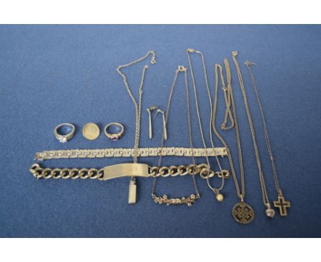 A mixed lot of silver jewellery items including drop earrings, a silver and amethyst ring, a large chain bracelet engraved Li
