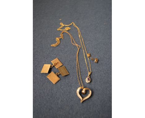 A 9ct gold and amethyst set pendant necklace, with a 9ct gold heart necklace, with a pair of 9ct gold cuff links, total weigh
