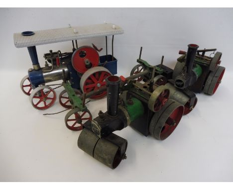 Two Mamod Live Steam Rollers, a Mamod  Traction Engine and a Log Trailer. 