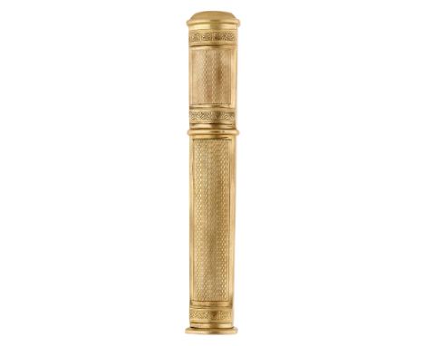 A French silver gilt sealing wax case, early 19th century, of flattened cylindrical form with pull off cover, engine-turned d