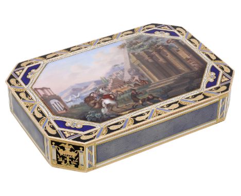 A Swiss gold enamelled snuff box by Rémond Lamy & Cie, Geneva, circa 1800, of rectangular form with canted corners, the cover