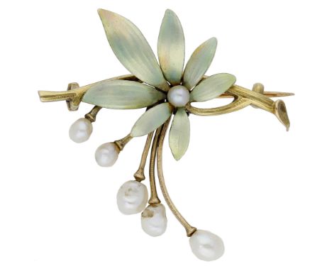 An Art Nouveau pearl and enamel floral spray brooch, the curved flowerhead with iridescent green enamel decoration and pearl 