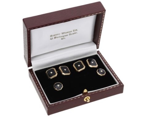 A pair of black enamel and diamond cufflinks, the rectangular panels each collet-set with a brilliant-cut diamond, together w