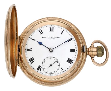 Saqui & Lawrence, London. A gold hunting cased watch, 1926. Movement: lever escapement, 15 jewels, no. 334012. Dial: white en
