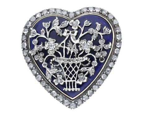 A late 18th century enamel and diamond heart-shaped brooch, the blue enamel ground with applied giardinetto decoration set th