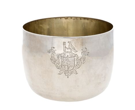 A George I provincial silver tumbler cup, engraved with a marital armorial, with gilt interior, by Benjamin Pemberton, Cheste