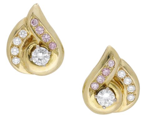 A pair of diamond earrings, of stylised scroll design and set throughout with brilliant-cut diamonds, some of pink tint, (unt