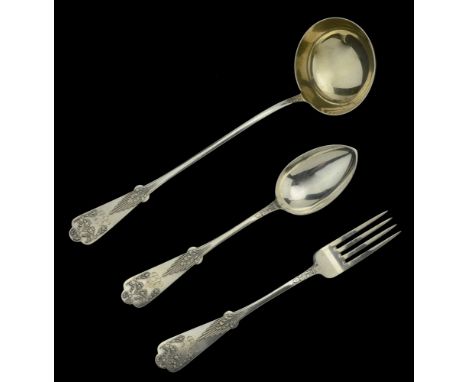 A Russian silver six-place flatware and cutlery service, comprising tablespoons, dessert spoons in two sizes, table and desse