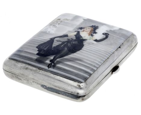 A silver and enamel cigarette case, depicting the fictional character Fanny LeGrand wearing a black gown, descending a flight