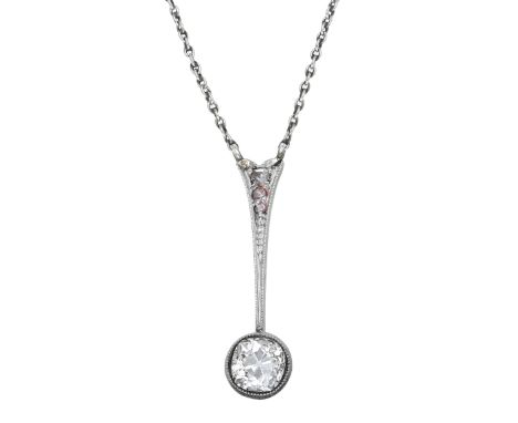 A diamond pendant, circa 1900, the old cushion-cut diamond millegrain-set beneath a tapered surmount set with rose-cut diamon