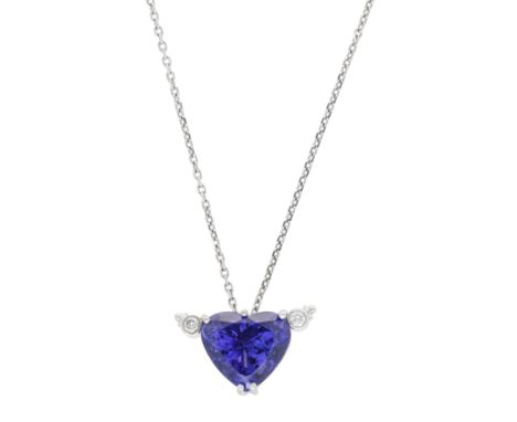 A tanzanite and diamond pendant, the heart-shaped tanzanite with a brilliant-cut diamond to either side, suspended from a fac