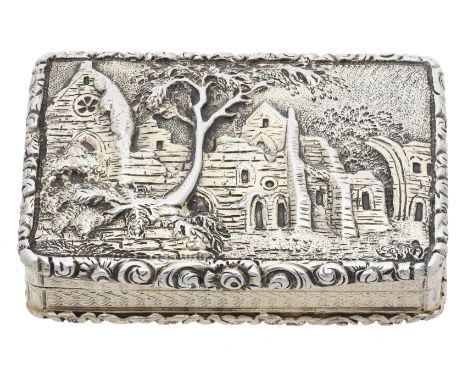 A William IV silver gilt ‘castle-top’ vinaigrette by Nathaniel Mills, the lid with a die-cast view of the ruins of Dryburgh A
