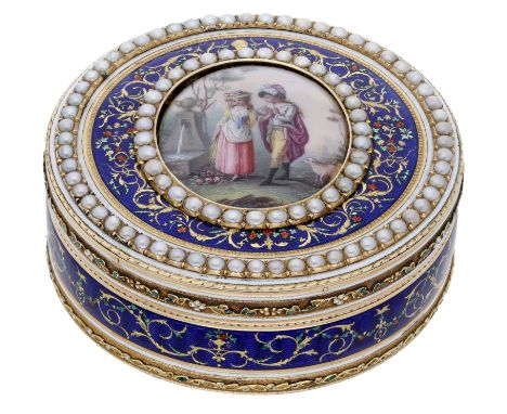 A Swiss gold enamel and pearl snuff box, Geneva, circa 1800, possibly by Jean-Joseph Isaac Bellamy, of circular form, the cov