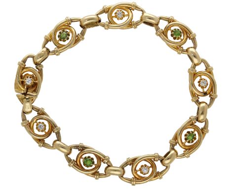 A late 19th century gem-set bracelet, the interlocking gold links with reeded detailing and set with an alternating series of