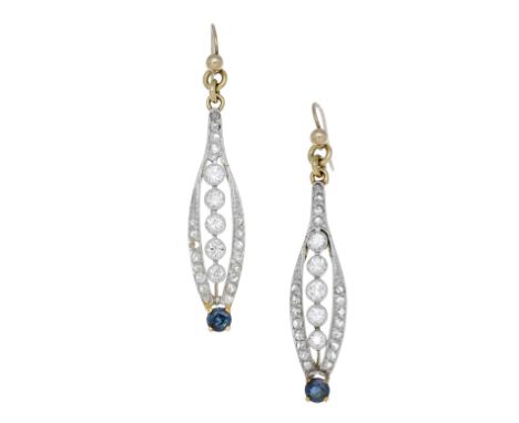 A pair of sapphire and diamond ear pendants, the elongated pierced drops set throughout with vari-cut diamonds and terminatin