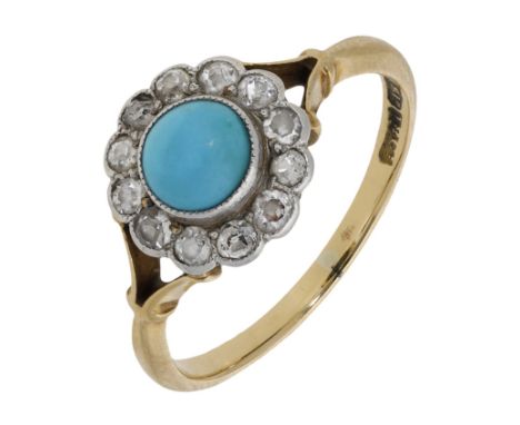 An early 20th century  turquoise and diamond cluster ring, the turquoise cabochon collet-set within a scalloped surround of o