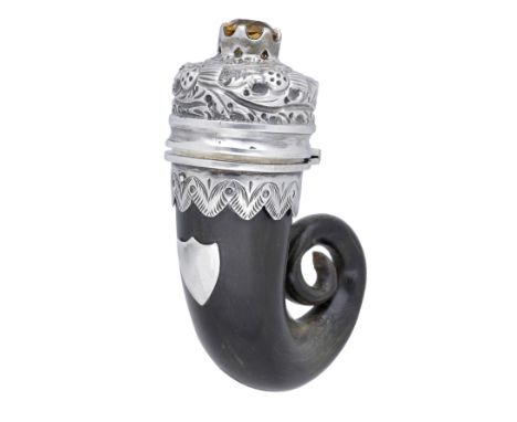 A Scottish 19th century silver mounted horn snuff mull, the hinged cover embossed with thistles, and mounted with a claw set 