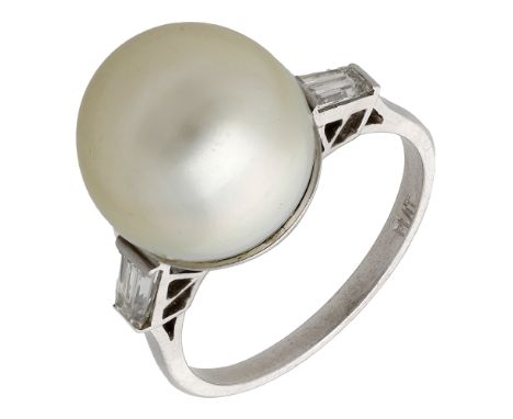 A cultured pearl dress ring, circa 1950, the cultured pearl set between tapered baguette-cut diamond shoulders, stamped ‘PLAT