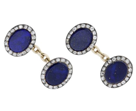 A pair of early 20th century lapis lazuli and diamond cufflinks, each lapis lazuli panel set within a surround of old brillia
