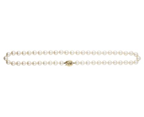 A cultured pearl necklace, the uniform row of cultured pearls terminating in a brilliant-cut diamond-set clasp, stamped ‘750’
