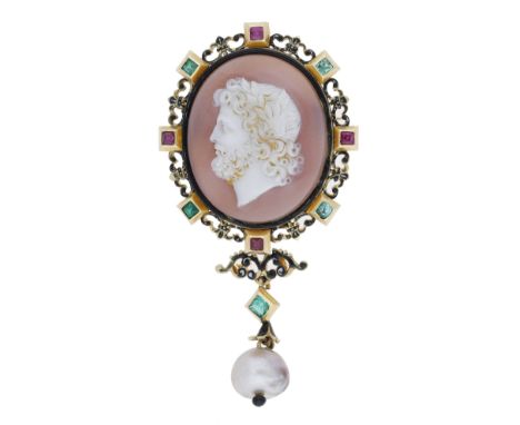 A Renaissance Revival cameo pendant, circa 1870, the oval hardstone cameo carved to depict Zeus, his bearded profile crowned 