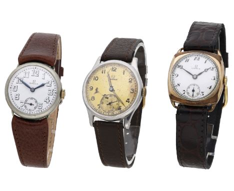 Omega. Three wristwatches, circa 1930/40. Movements: manual winding, 15 jewels. Dials: white enamel and silvered,  Arabic num