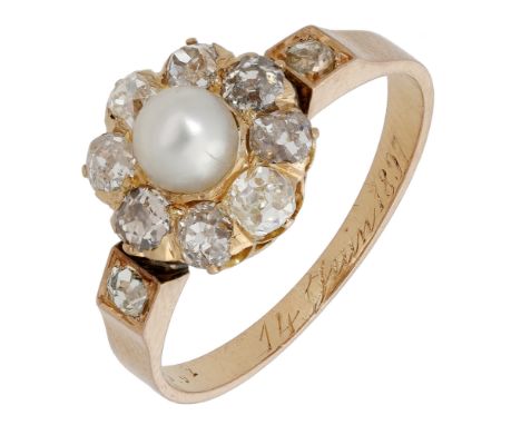 A late 19th century pearl and diamond cluster ring, the pearl set within a surround of old brilliant-cut diamonds, between si